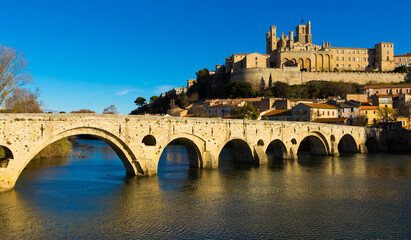 Fototapeta premium Image of Pont Vieux and St Nazaire Cathedral in Beziers overlooking the River Orb