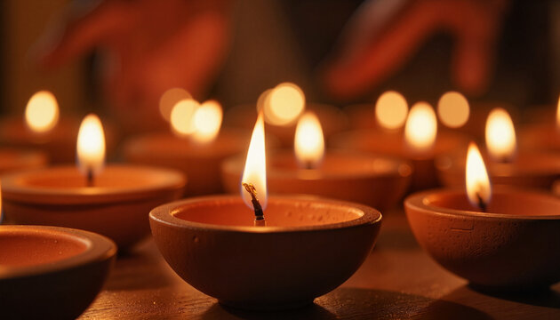 Glowing traditional clay lamps with flickering flames, cultural celebration