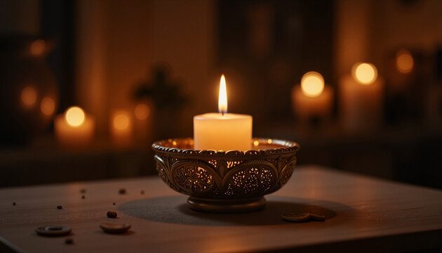 Flickering candlelight in ornate holder, warmth and serenity for imsak