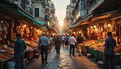 Naklejka premium Bustling street market at dawn during Suhur, lively community scene
