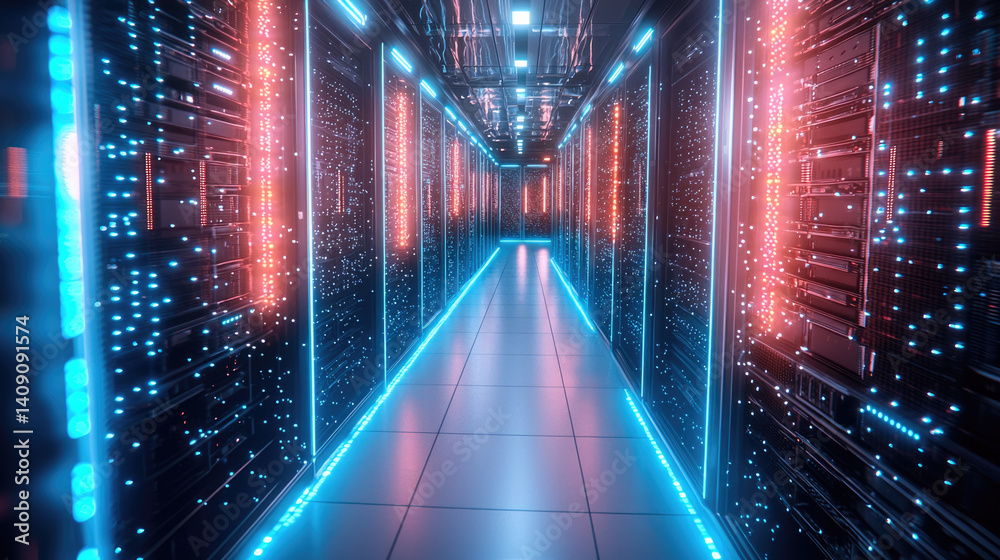 Poster futuristic server room illuminated by blue and pink led lights, showcasing rows of high tech servers