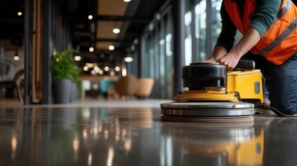 Fototapeta premium Focused adult worker polishing floor in modern office building