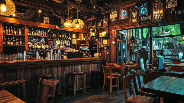 Cozy rustic bar interior featuring dim lighting and wooden furniture in a relaxed atmosphere, Dimly lit cozy rustic bar interior with wooden furniture and vintage decor