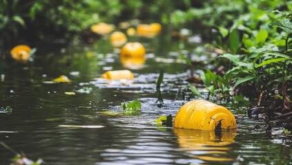 Pollution in a waterway. Yellow plastic waste