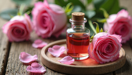 Rose essential oil bottle with pink roses and petals on wooden background  