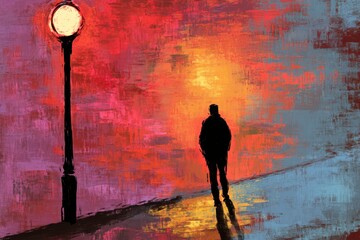 Solitary Figure Walking Under Lamp Post at Sunset in Vibrant Colors