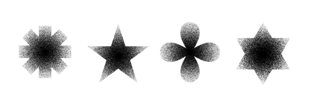 Shapes with gradient grainy textures: a star, a flower, and two six pointed stars
