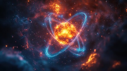 Fototapeta premium Fiery Celestial Dance: A Cosmic Atom's Glowing Embrace