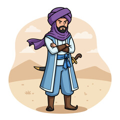 Obraz premium Cartoon Arabian Character Standing with Sword in Desert