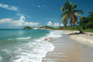 Serene beach with gentle waves and lush green hills during a sunny day in a tropical paradise