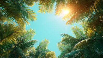 Fototapeta premium Tropical palm trees against blue sky summer vacation background image