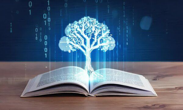 Open book, glowing digital tree, binary code - Powered by Adobe