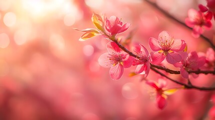 Naklejka premium Vibrant Pink Cherry Blossom Flowers in Warm Sunlight with Soft Bokeh Background