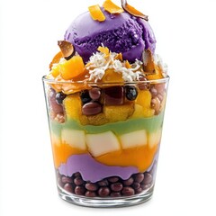 A vibrant Filipino Halo-Halo dessert, featuring layers of crushed ice, sweet beans, 