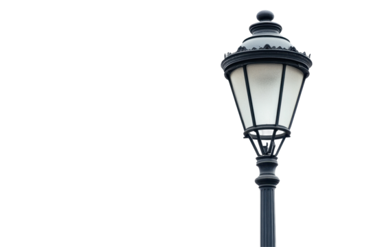 Classic black street lamp post with vintage design displayed clearly on a clean white background