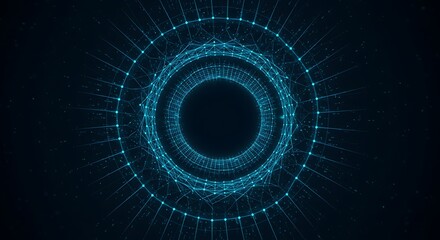 Abstract glowing blue circles and connected lines forming a tunnel on a dark background