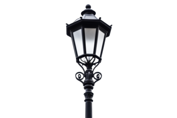 Street lamp in classic black style with curved top featured on an isolated white background