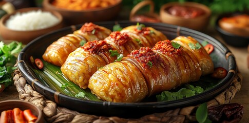 Savory sticky rice dumplings, glazed and topped with a vibrant chili sauce, sit on banana leaves.  The rich colors and textures make it perfect for food blogs and recipe websites.