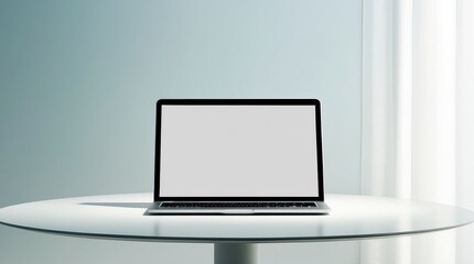 Blank laptop screen on white table against light blue background.