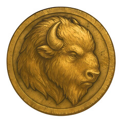 Antique coin with bison head. Buffalo head on coin. Realistic coin isolated on blank background. Wild animal head coin.