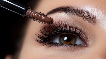 Naklejka premium Close-up, woman applying brown mascara, studio lighting, makeup