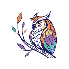 Colorful Owl Vector Illustration – Stylized Bird Sitting on Branch

