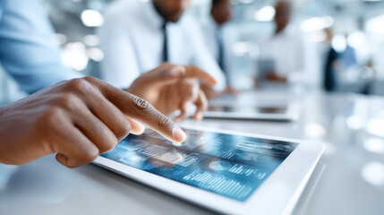 Collaborative data analytics on tablet with diverse professionals engaged in discussion, showcasing teamwork and technology