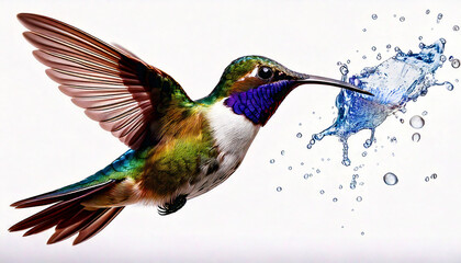 Fototapeta premium Digital art painting of a vibrant, stylized hummingbird with multicolored feathers is captured mid-flight against a white background