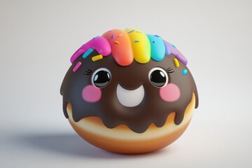 A cute cartoon donut with rainbow icing and chocolate glaze, sprinkles, and happy face.