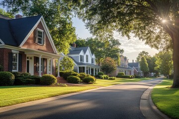 Sunlit suburban street with charming brick and white houses, lush lawns, and mature trees.