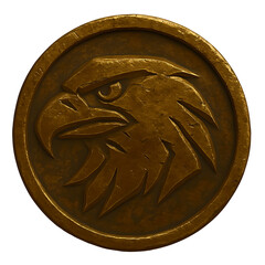 The head of an eagle on a coin. Hawk, bird on an antique coin. Coin isolated on a transparent background.