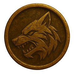Dark, bronze coin with roughness. The head of a wild wolf is on the coin. Coin in the realm style, stylized with a chopped wolf head shape.