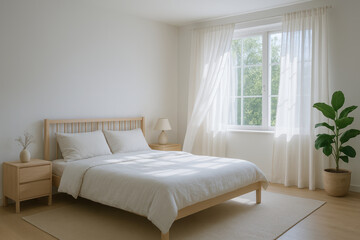 serene bedroom designed for digital detox retreat, featuring natural light, minimalistic furniture, and calming atmosphere