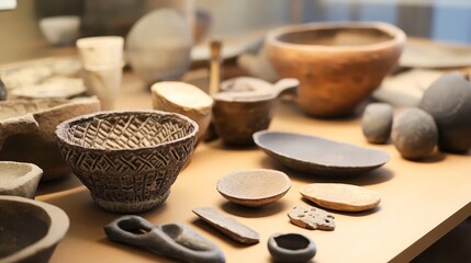 Artistic arrangement of jomon pottery and polished stone tools showcasing intricate craftsmanship