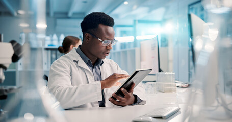 Science, check or man with tablet in laboratory for medical research, discovery or genes...