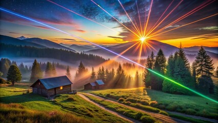 Obraz premium Mountain Cabin Sunrise with Light Rays