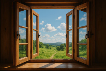 serene digital detox retreat can be enjoyed through this open window showcasing peaceful landscape with lush greenery and blue skies