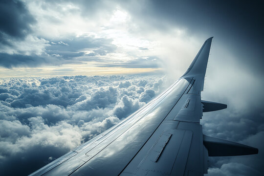 Airplane wing above dark clouds, stormy sky with light contrasts and flight view
