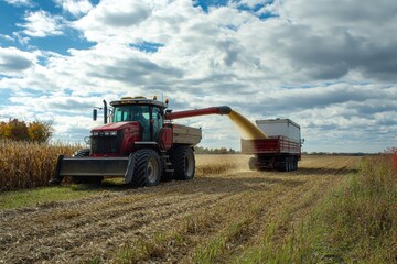 Fototapeta premium Grain auger of combine pouring corn grain into tractor trailer after harvest at field