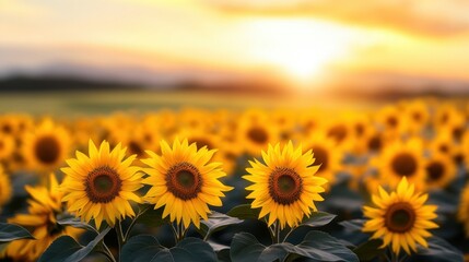 Obraz premium A sea of sunflowers under a glowing sunset, golden petals reflecting the last rays of sunlight in a tranquil landscape.