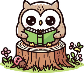 Fototapeta premium Owl with a Spring Book. Cartoon Illustration.