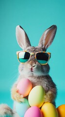 Bright Easter bunny wearing sunshades holding vibrant eggs against turquoise background for festive celebration