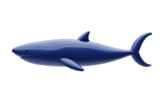 Playful blue inflatable shark in 3D cartoon style shown on isolated white background