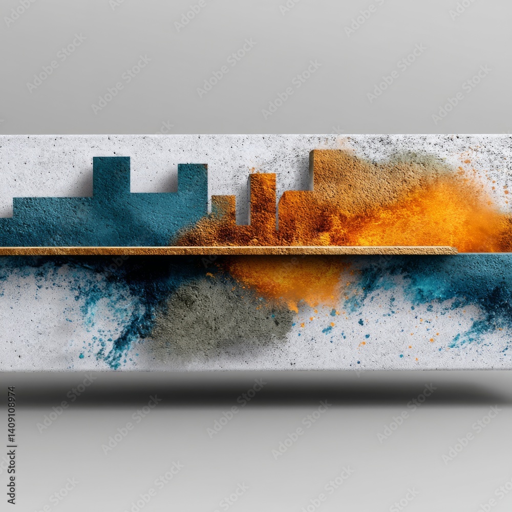 Poster abstract concrete cityscape with colorful powder explosion and textured shadow