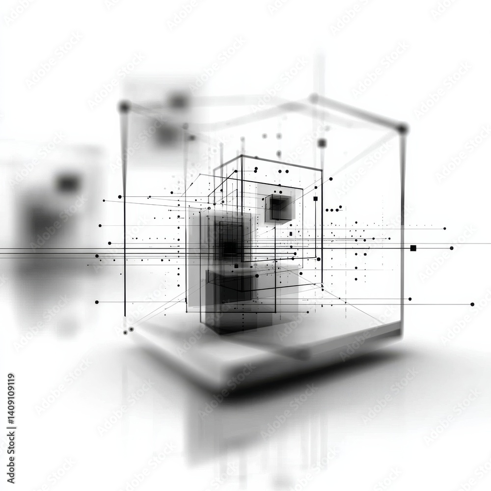 Poster Abstract Geometric Composition: Interconnected Cubes and Lines in Monochrome, Visualizing Data and Networks