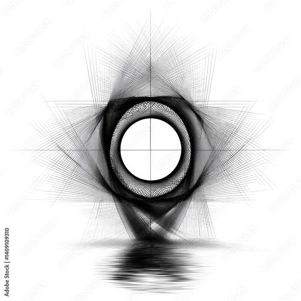 Poster abstract geometric design: a central circle surrounded by lines, reflected in a simulated water surf
