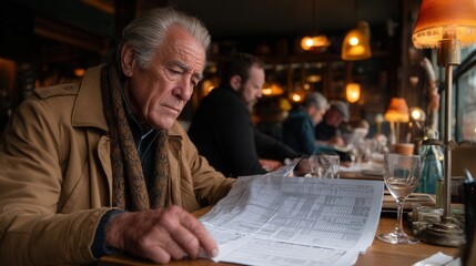 Thoughtful elderly man reading newspaper in cozy restaurant