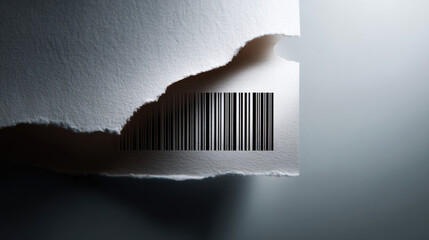Obraz premium Torn paper revealing barcode, symbolizing fragmented information or hidden data