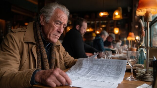 Thoughtful elderly man reading newspaper in cozy restaurant