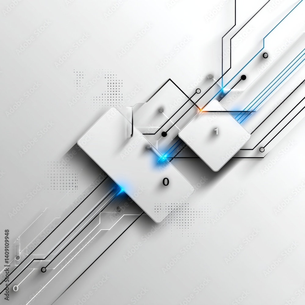 Aufkleber Clean Tech Circuitry: Abstract Digital Network with Interconnected Nodes and Binary Representation